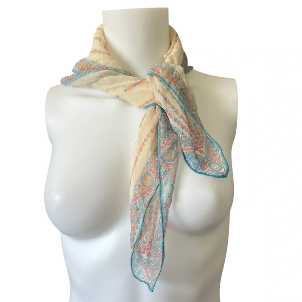 Vintage Square Silk Feel Scarf Sheer Blue Orange Floral Print Lightweight